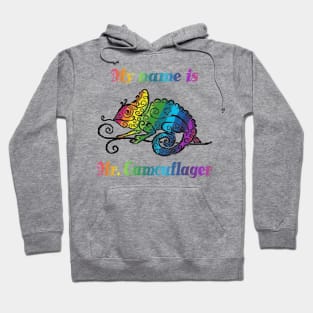 Colorful Chameleon Design with Mosaic Stripes and Rainbow Title "My Name is Mr. Camouflager" Hoodie